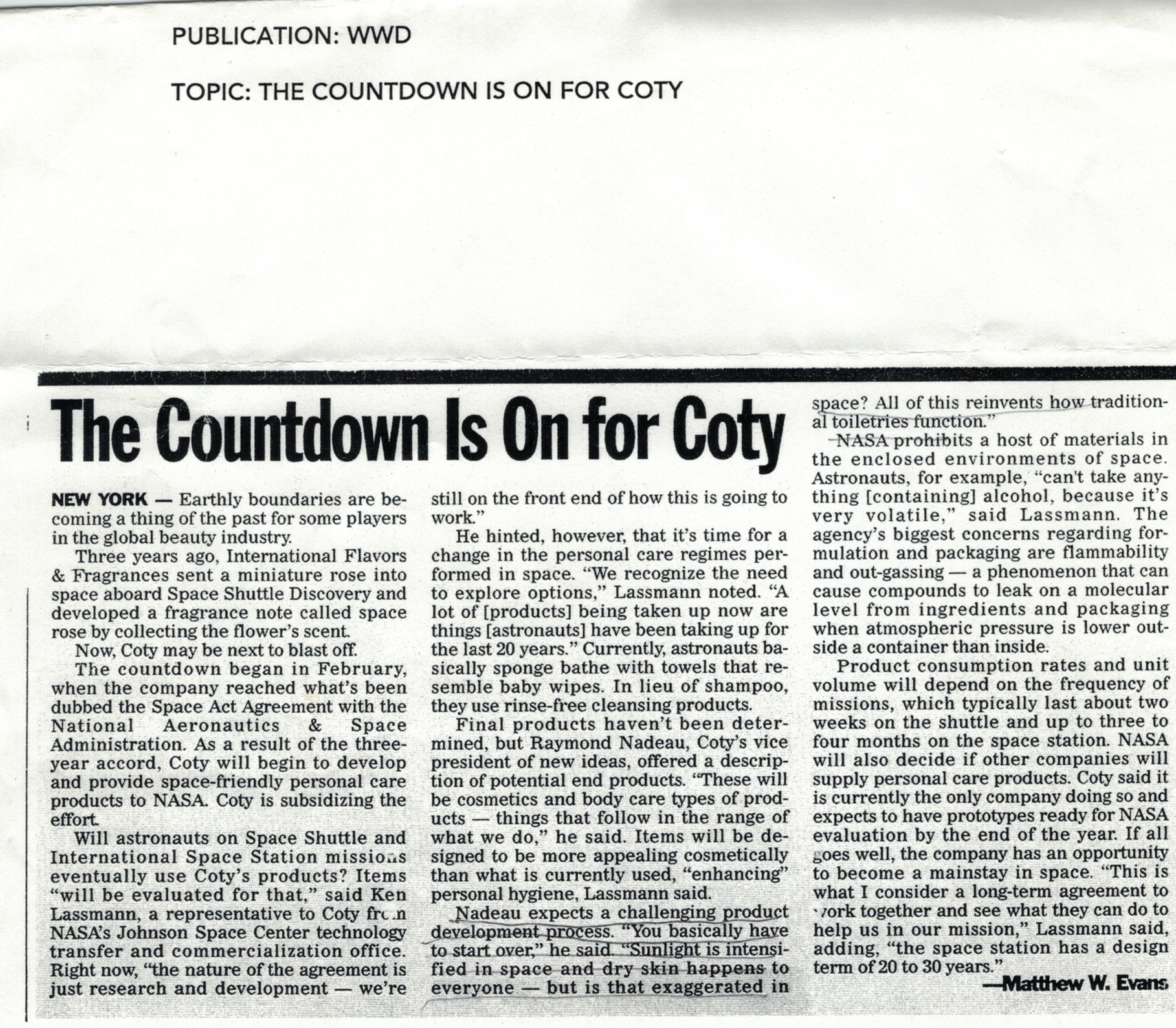 Newspaper story about NASA